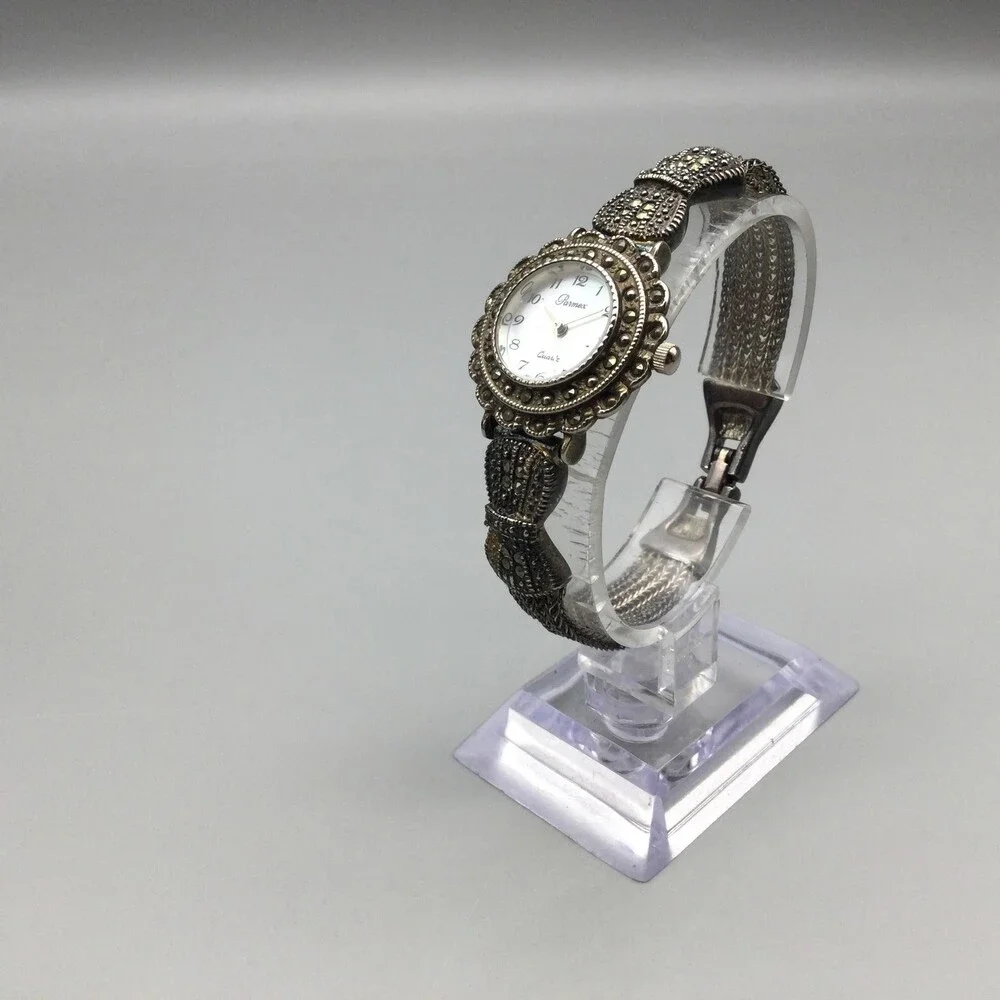 Pamex Womens Watch 26mm Silver Tone Marcasite MOP Dial New Battery 6.5